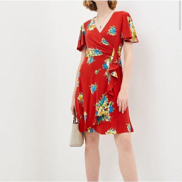 Lauren Ralph Lauren Women's Wrap Floral Stretch Jersey Dress Size 12 Red NWT - Picture 1 of 8